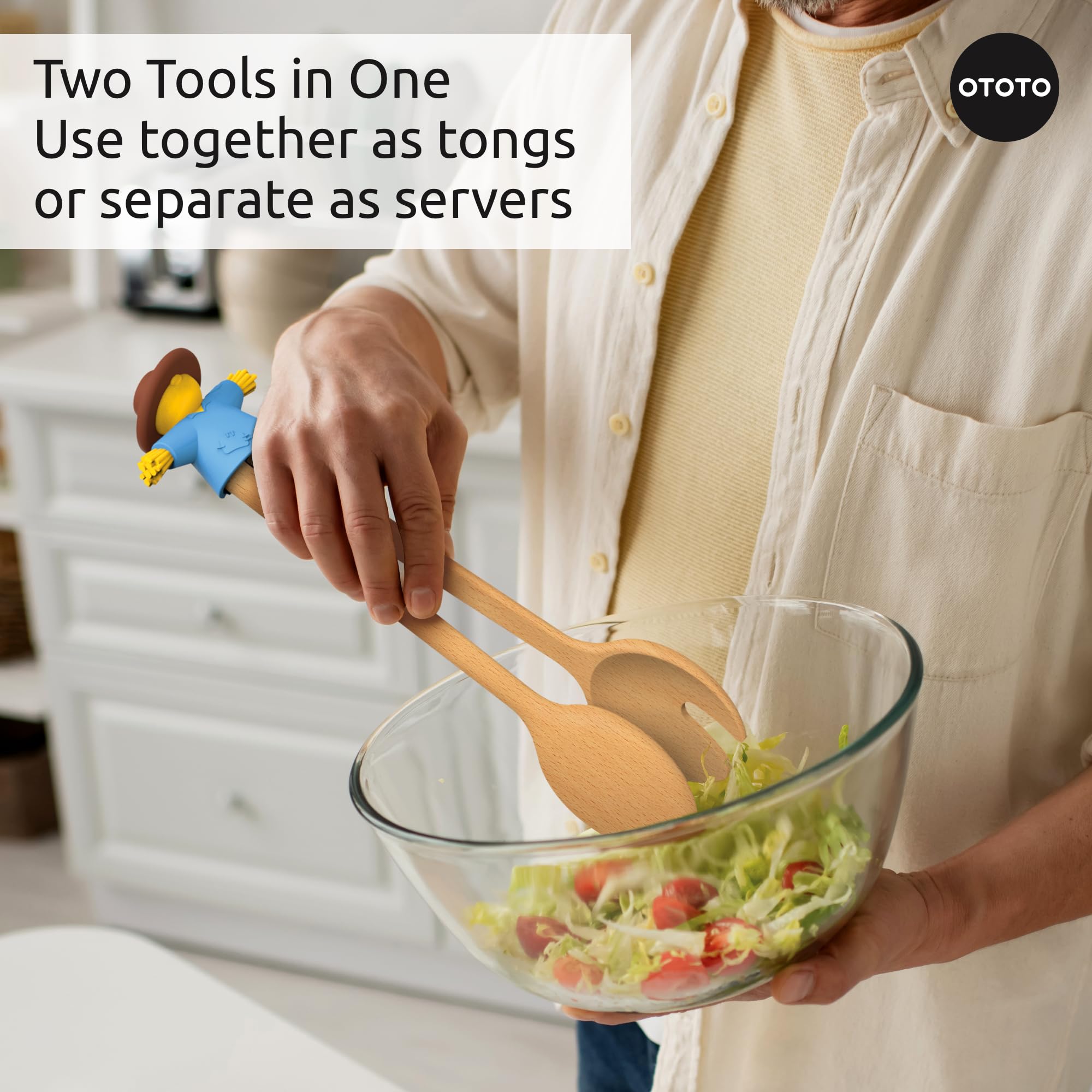 NEW - OTOTO Sal Scarecrow Salad Tongs (2-Piece) - Wooden Tongs Set, Food Safe Toaster Tongs for Serving, Cute Kitchen Tongs, Cool Kitchen Gadgets Accessories, Funny Gifts, Mini Tongs (Blue) - Image 3