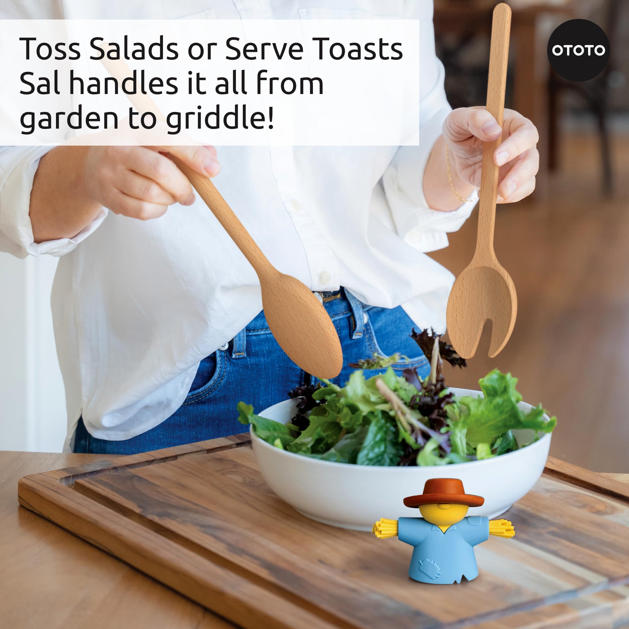 NEW - OTOTO Sal Scarecrow Salad Tongs (2-Piece) - Wooden Tongs Set, Food Safe Toaster Tongs for Serving, Cute Kitchen Tongs, Cool Kitchen Gadgets Accessories, Funny Gifts, Mini Tongs (Blue) - Image 6
