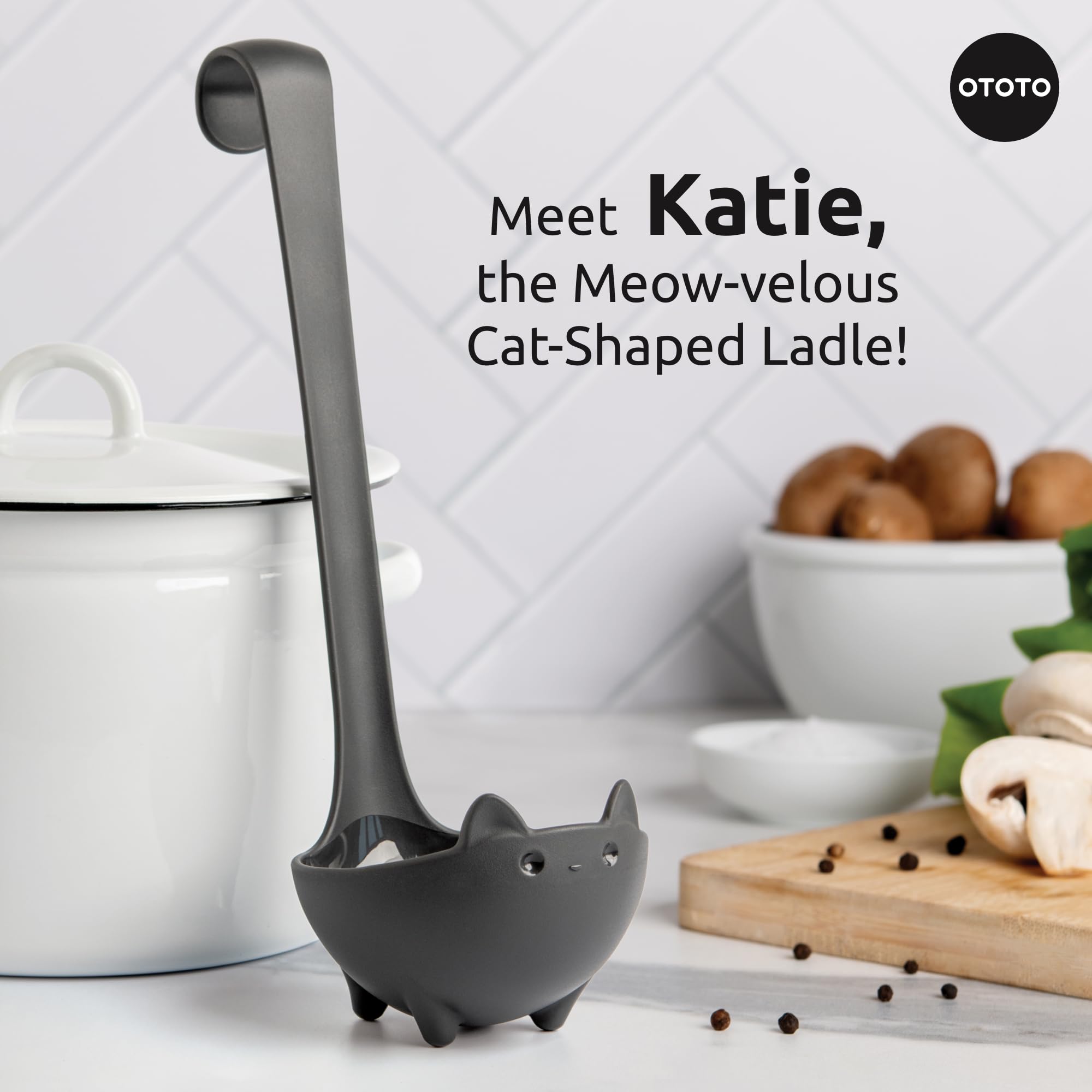 OTOTO New Kitty Cut Pizza Cutter Wheel, New Katie Black Cat Soup Ladle, and Mary Cat Jar Scraper Spatula for Scooping (Bundle of 3) - Image 6