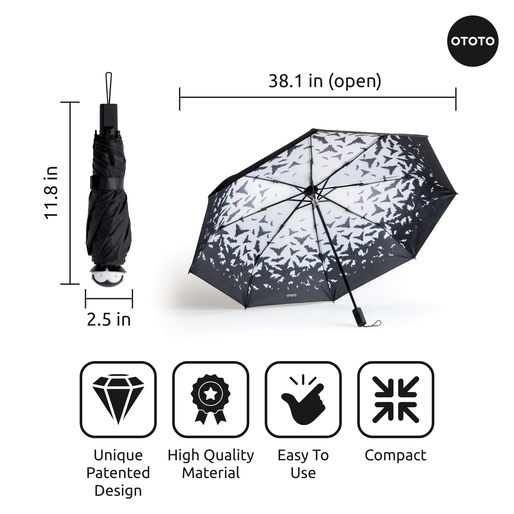 OTOTO NEW! Spookula Vampire Folding, Collapsible, Umbrella, Unique, Goth Accessories, Cool Gifts, Gothic, Black and White, Cute, Rain Umbrella, Spooky, Halloween - Image 3