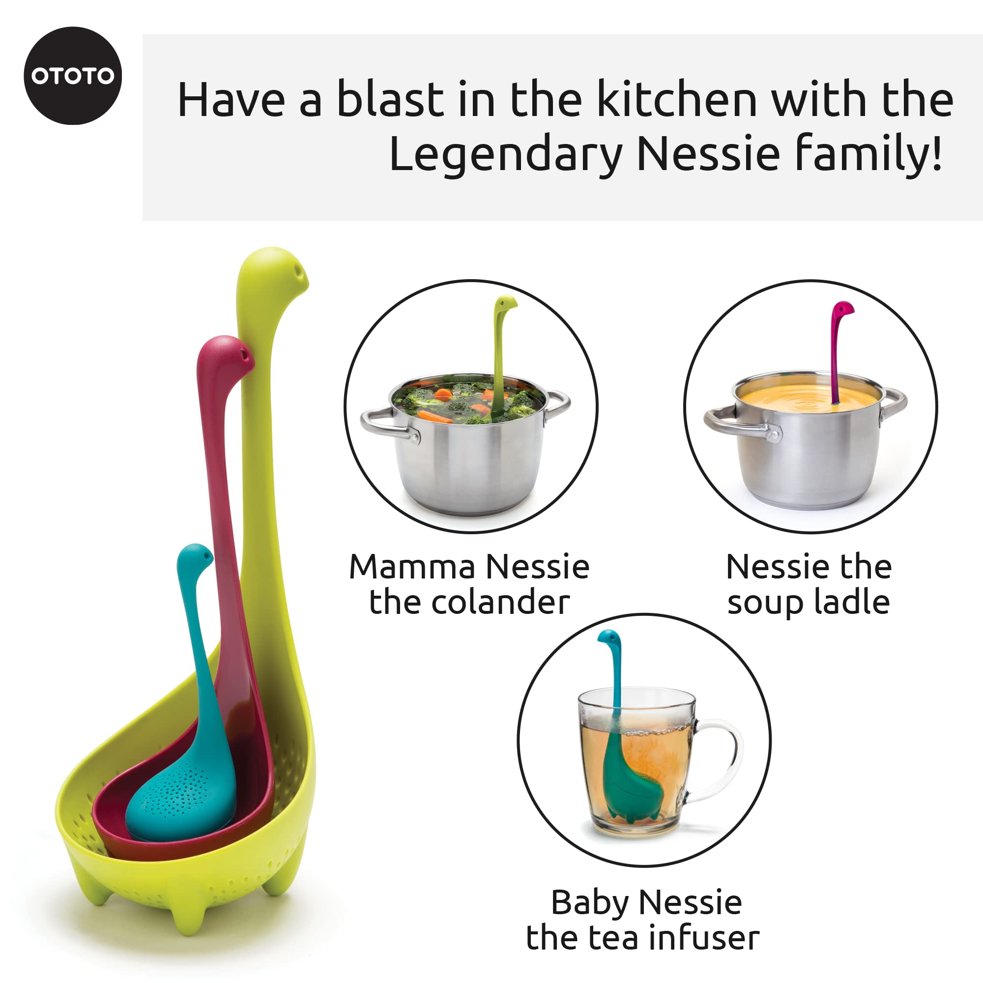 The Nessie Family by OTOTO - Pack of 3 Tea Infuser, Soup Ladle, and Colander - Cute Kitchen Accessories, Cooking Gifts, Funny Kitchen Gadgets, Kitchen Gifts - Image 3
